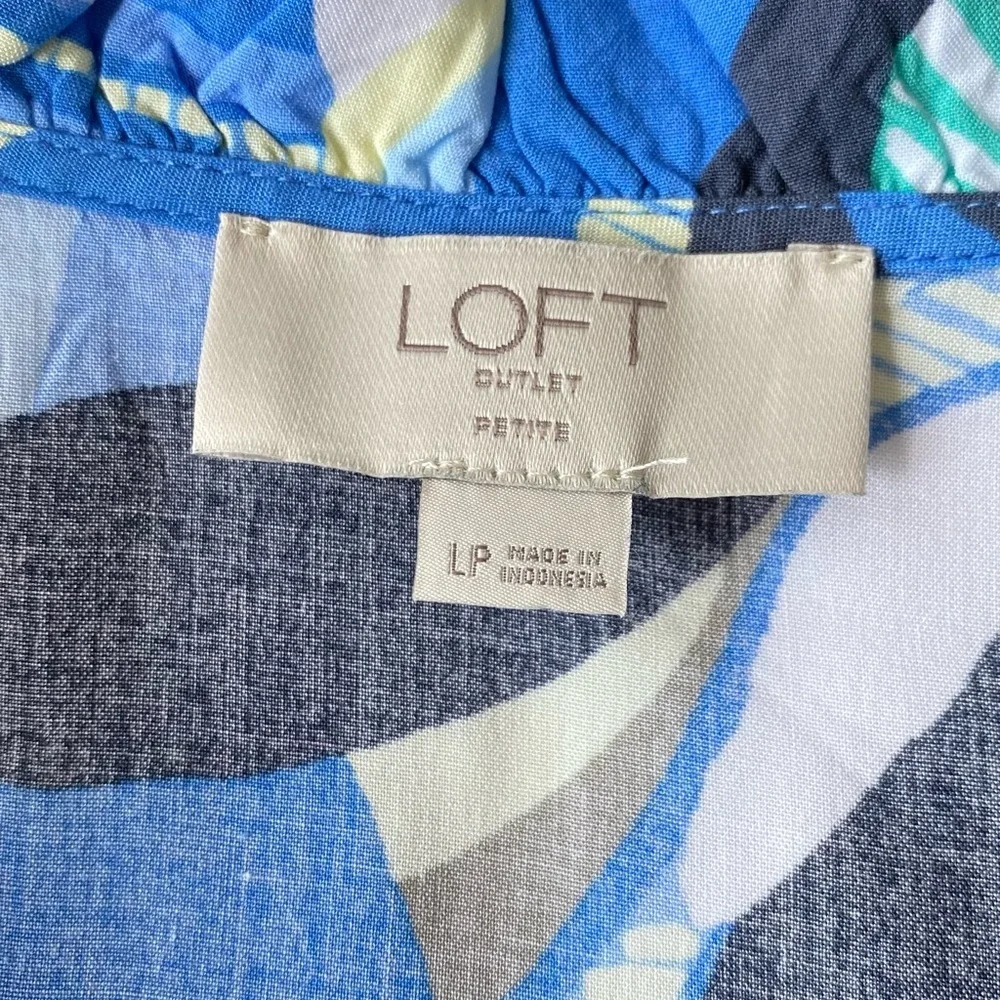 LOFT Blue Green Abstract Print Ruffle Sleeve Maxi Dress Large Petite - Picture 10 of 15